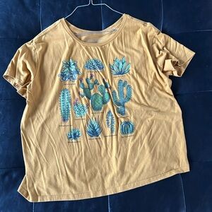 Fifth Sun Mustard Yellow Cactus & Succulent Tee with Teal Artwork
